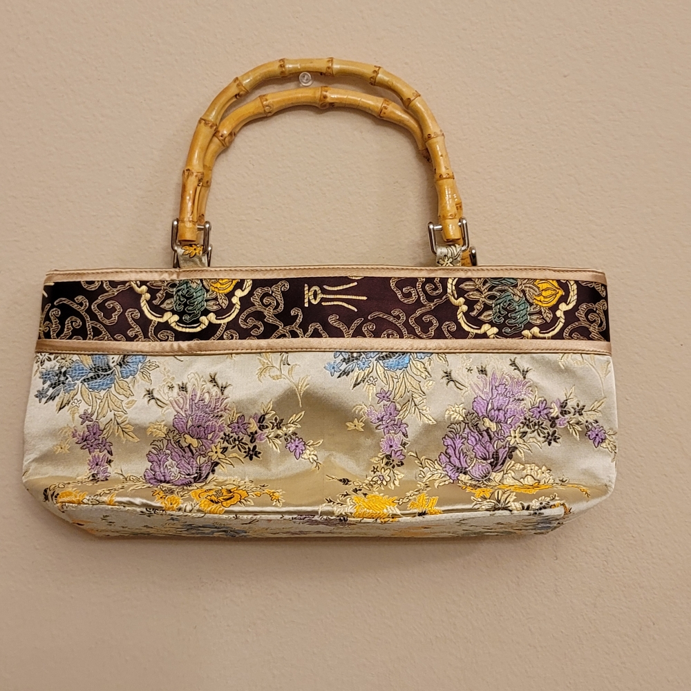 Floral Embroidered Handbag with Bamboo Handles